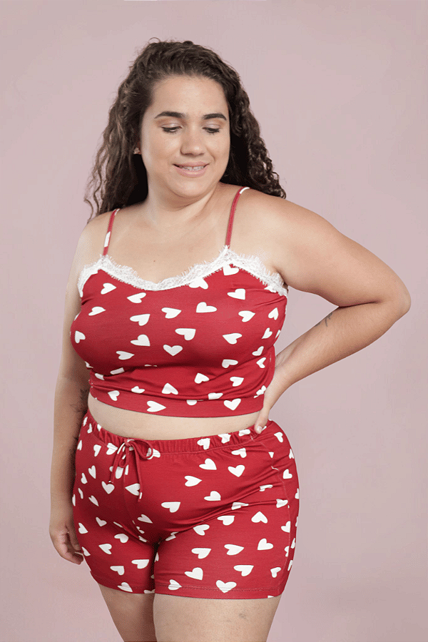 Pijama Carol Cropped com Renda e Short Estampa Coração