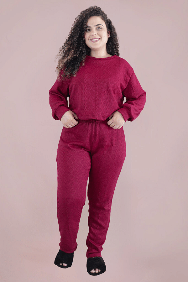 Pijama Sôfi de Tricô Blusa Longa e Calça Cereja