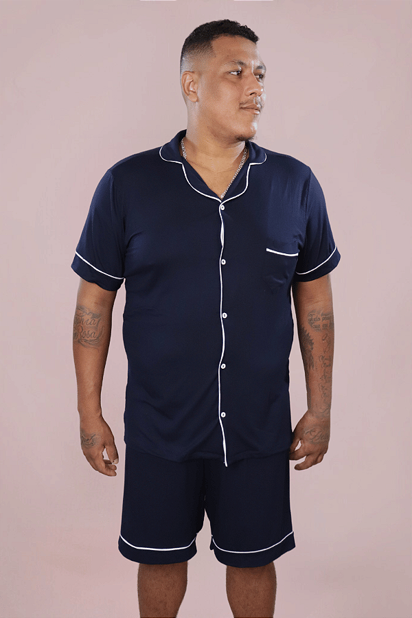 Pijama Masculino Vicente Americano Botões Blusa Curta e Short Azul Marinho
