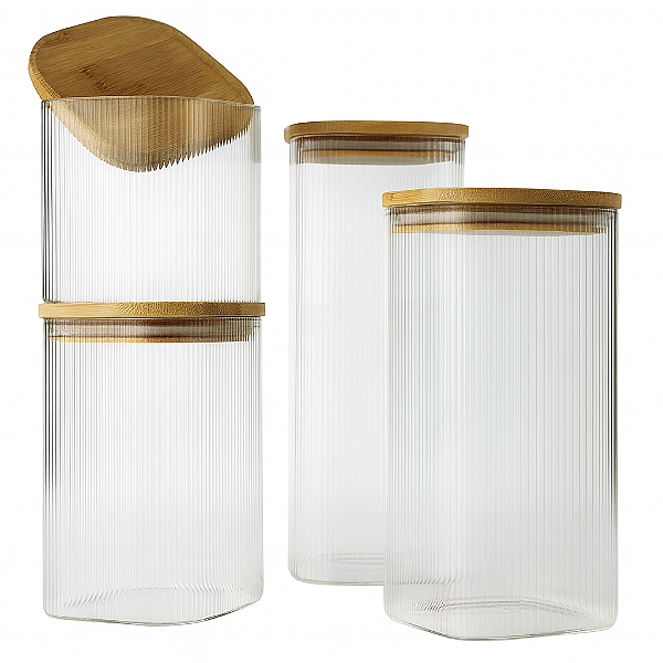 Kit 4 Potes Vidro Hermético 600-1900 Ml Com Tampa Bambu Bambu