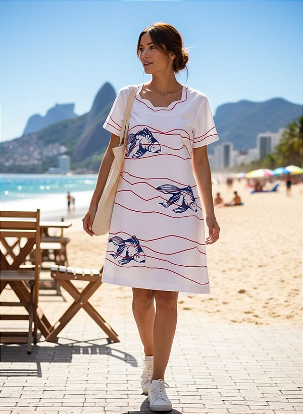 Vestido Peixe e Ondas em Algodão