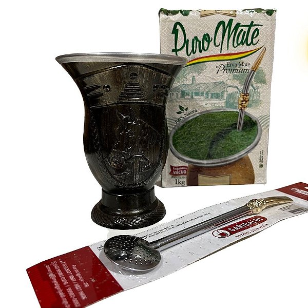 Kit para Chimarrão: 1 erva Puro Mate Premium a vacuo + 1 bomba para chimarrão de anel + cuia porongo revestida