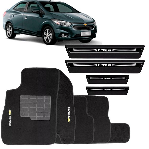 Tapete Automotivo Carpete Prisma 2013 até 2021 Preto com Logo Bordado + Soleira Adesiva Preta