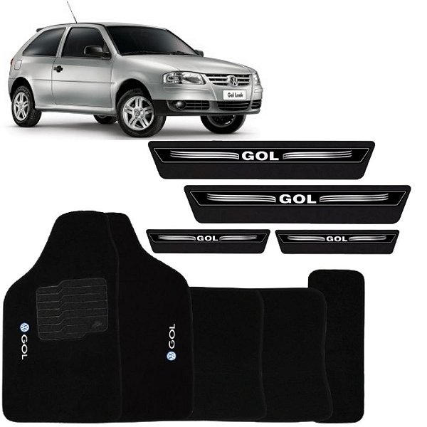 Tapete Automotivo Carpete Gol Quadrado G1 G2 Bola G3 G4 Preto com Logo Bordado + Soleira Adesiva Preta