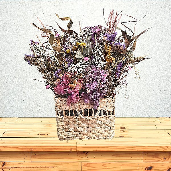 Sacola de palha personalizada com flores naturais desidratadas M
