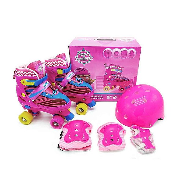 Patins Quad + Kit de Proteção Unitoys 1321M Rosa - 34/37