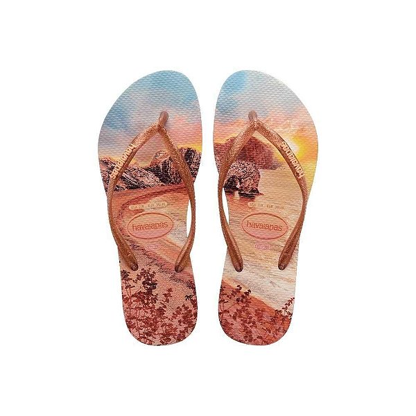 Chinelo Havaianas Slim Paisage Bege Palha/Laranja - 39/40