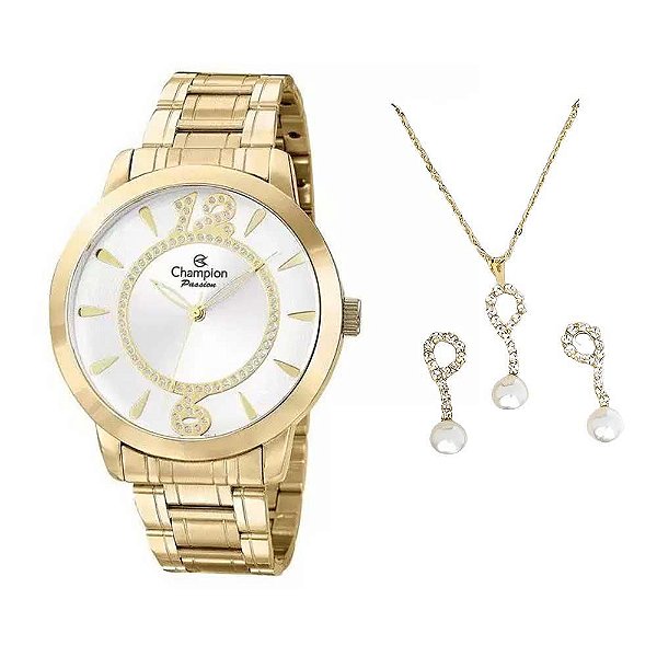 Kit Relógio Feminino Champion + Colar e Brincos CH24259D