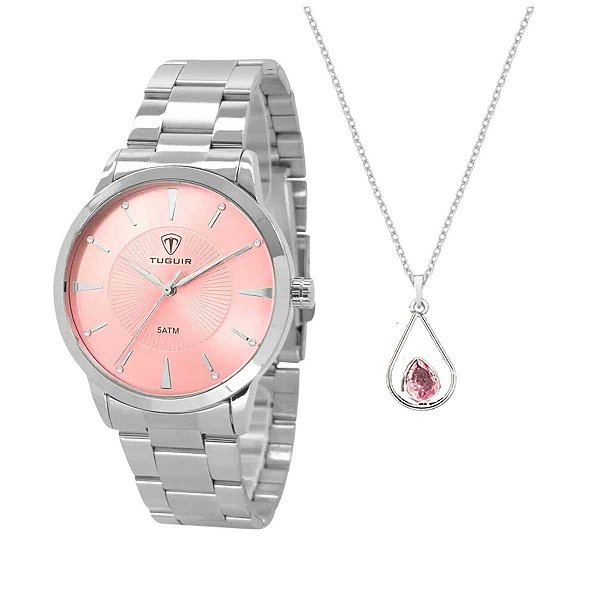 Relógio Feminino Tuguir + Colar TG145 TG35012 - Prata
