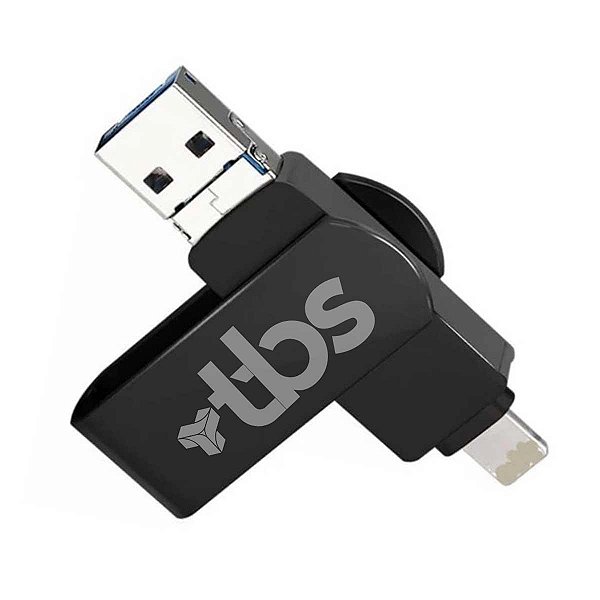 Pen Drive TBS 3 em 1 Entradas USB USB-C Lightning 64GB Preto