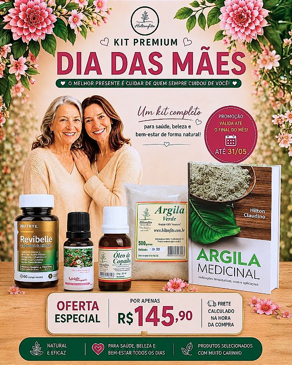 KIT PREMIUM (5 produtos) - 1 livro Argila + 1 Revibelle + 1 óleo de Copaíba + 1 óleo Rosa Mosqueta + 1 Argila Verde