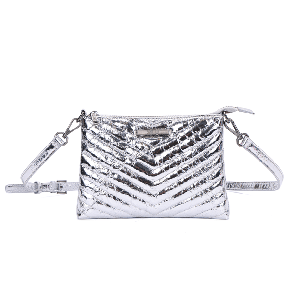 Bolsa Pequena Material Metal Crinkle Prata Alça Transversal