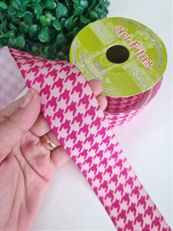 Fita de Gorgorão 38mm Estampada Art Fitas - Pied de Poule Rosa Pink