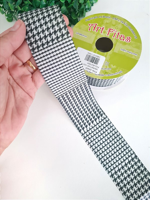 Fita de Gorgorão 38mm Estampada Art Fitas - Pied de Poule Preto
