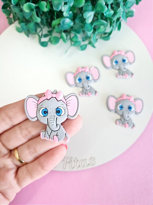 Aplique Emborrachado Elefante com Lacinho Rosa