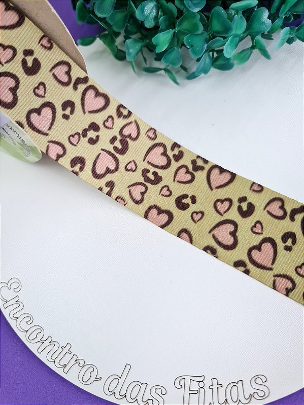 Fita Estampada 38mm Art Fitas -  Dourado com Rosa Corações (Animal Print) - Metro