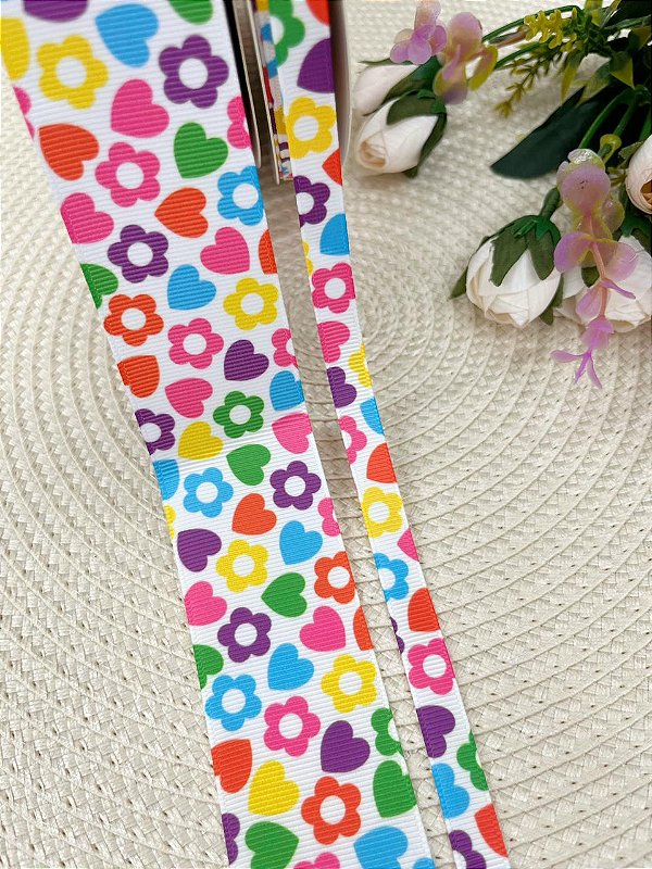 Fita Estampada Yama Flores e Corações Colorido - Metro
