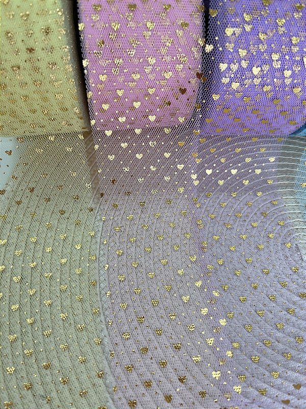 Fita de Tule com Coração Dourado 60mm - Metro