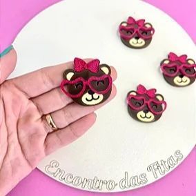 Aplique de Acrílico Ursinho Marrom com Óculos Rosa Pink - Unidade