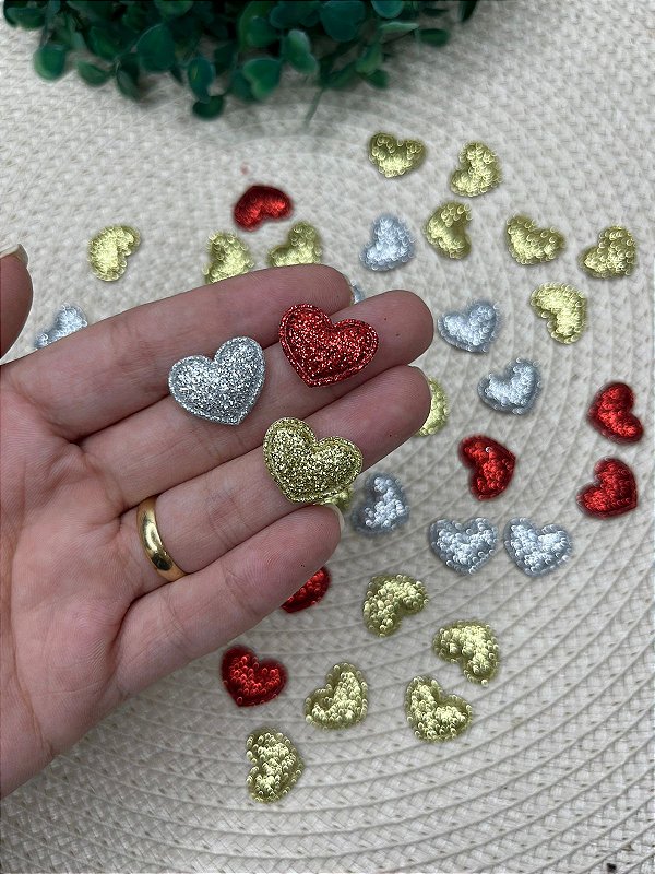 Aplique Almofadado Coração Mini de Glitter Natal - 10 unidades mistas