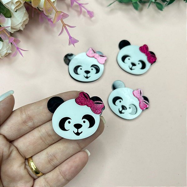 Aplique de Acrílico Panda de Lacinho Rosa  - Unidade