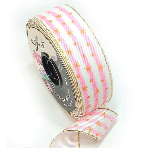 Fita de Gorgorão Estampada Sakura 38mm com Borda Dourada - Estrelas - Metro