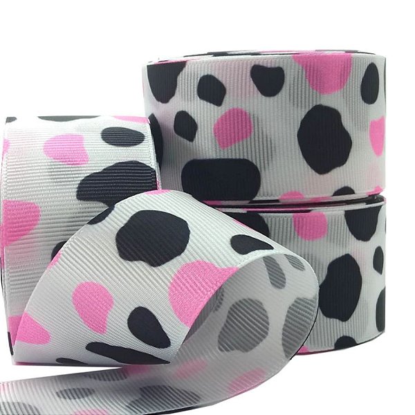 Fita de Gorgorão Estampada Sakura 38mm - Vaquinha Rosa - Metro