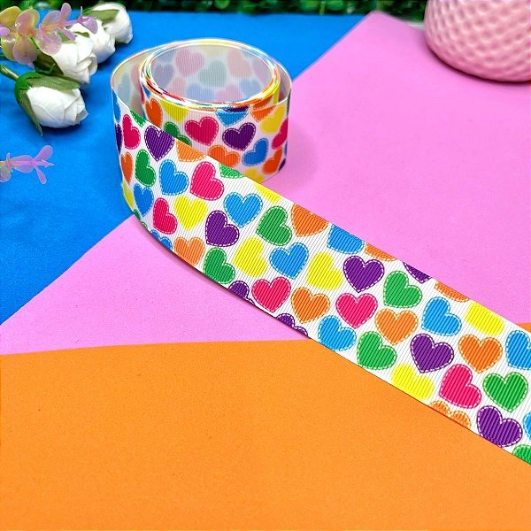 Fita de Gorgorão Estampada 38mm Yama Coração Colorido Forte - Metro