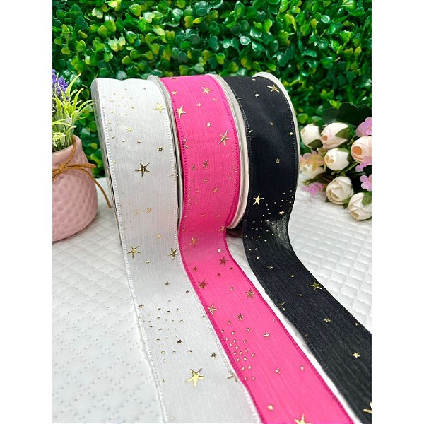 FITA DE ORGANZA COM ESTRELA DOURADA EM RELEVO 38MM - METRO
