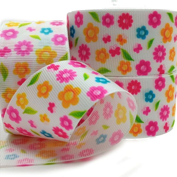 Fita de Gorgorão Estampada Sakura 38mm Flor Colorida - metro
