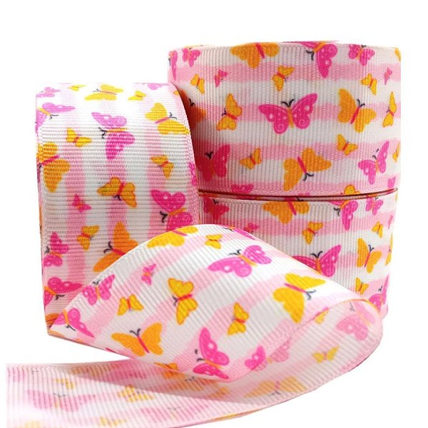 Fita de Gorgorão Estampada Sakura 38mm Borboletas Rosa e Amarela - metro