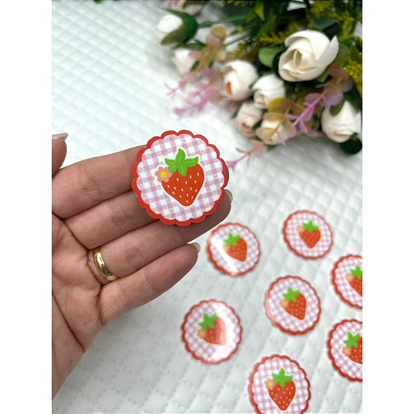 Aplique de Acrílico Simples Círculo com o Morango com Flor - Unidade