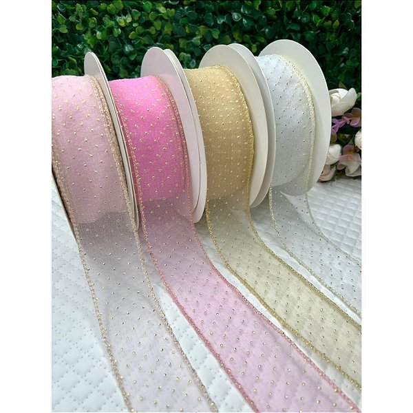 Fita de Organza 38mm com Borda e Poá Dourado - Metro