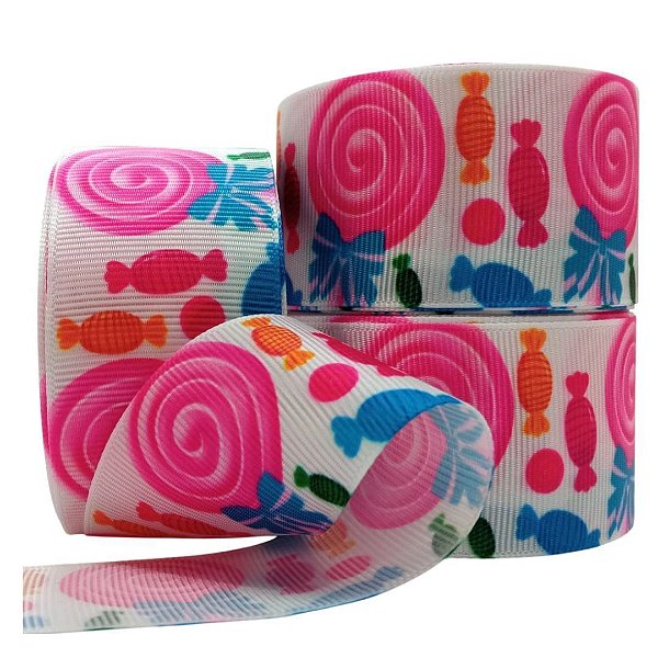 Fita de Gorgorão Estampado Sakura 38mm Pirulito - Metro