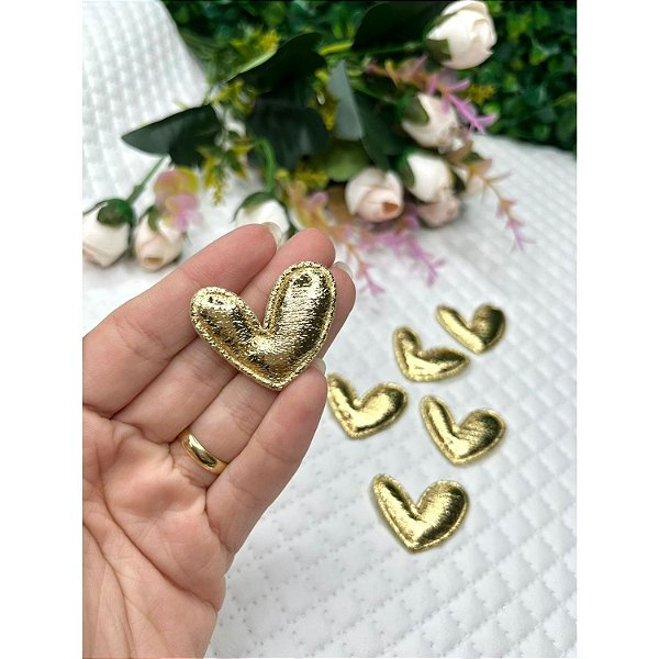 Aplique Almofadado Coração Metalizado Dourado - Coleção Natal - Unidade