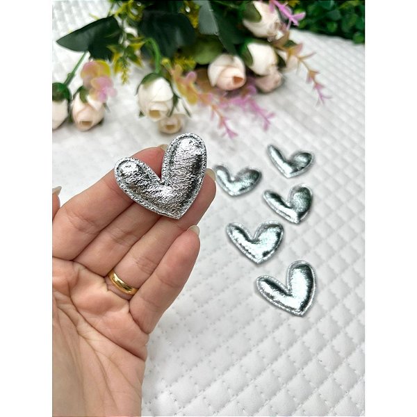 Aplique Almofadado Coração Metalizado Prata - Coleção Natal - Unidade