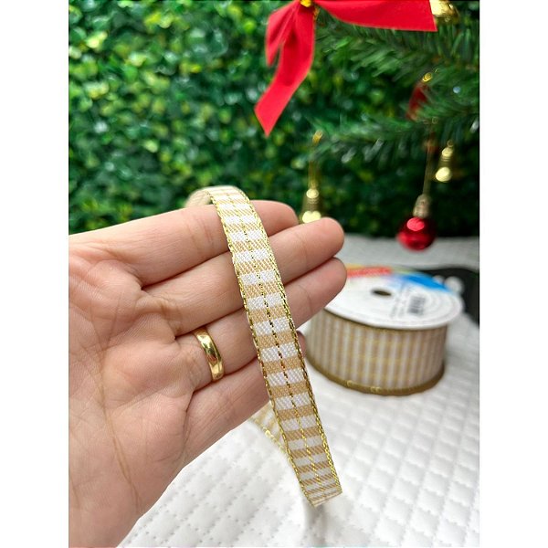 Coleção Natal: Fita Sinimbu Xadrez com Brilho 10mm - Metro dourado