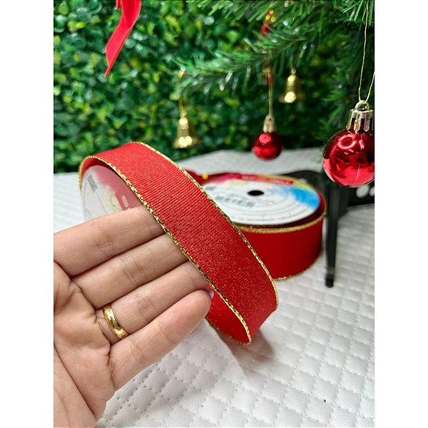 Coleção Natal: Fita Sinimbu Vermelho com Brilho e Borda Dourada Aramada 22mm - Metro