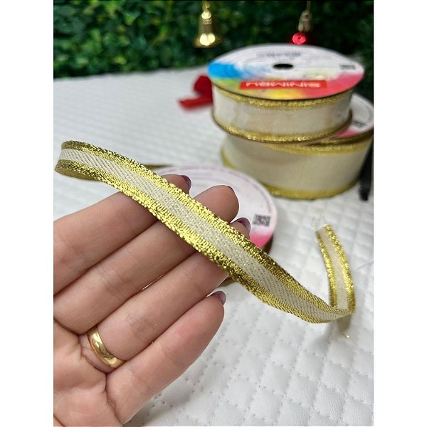 Coleção Natal: Fita Sinimbu Dourado com Brilho e Borda Dourada Aramada 10mm - Metro