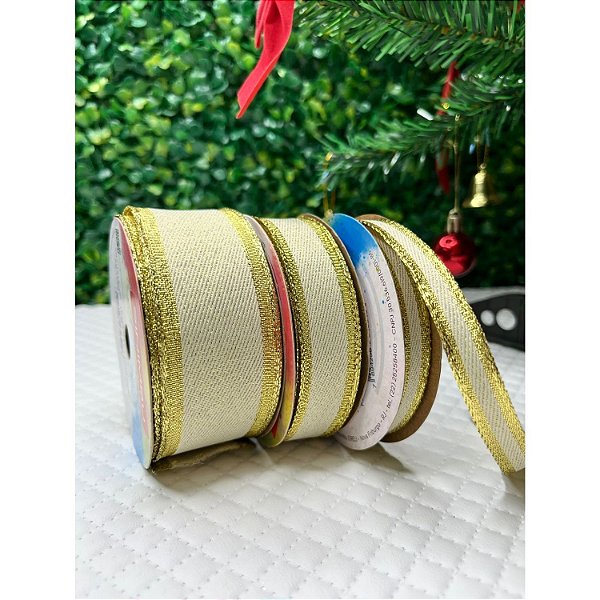 Coleção Natal: KIT Fita Sinimbu Dourado com Brilho Aramado (3 tamanhos) - 2m cada