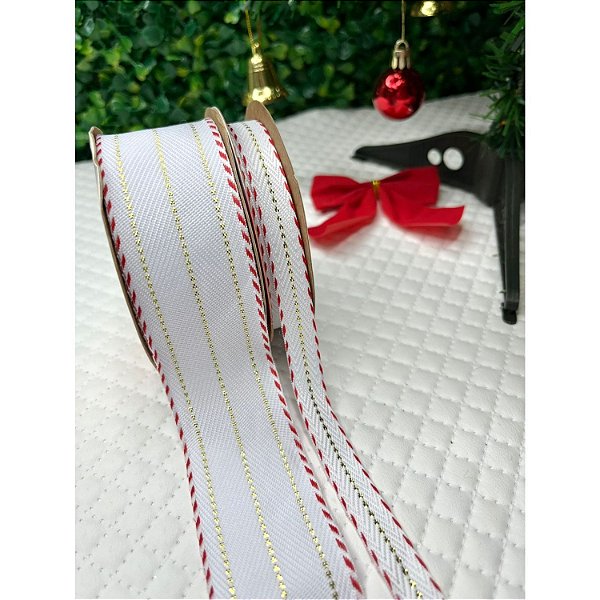 Coleção Natal: KIT Fita Sinimbu Branco com Pesponto Dourado 38mm + 10mm - 2m cada