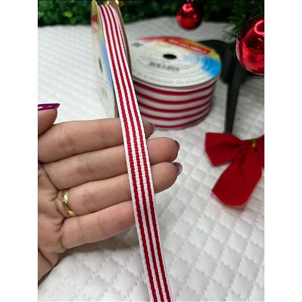 Coleção Natal: Fita Sinimbu Branco com Vermelho Listrado 10mm - Metro