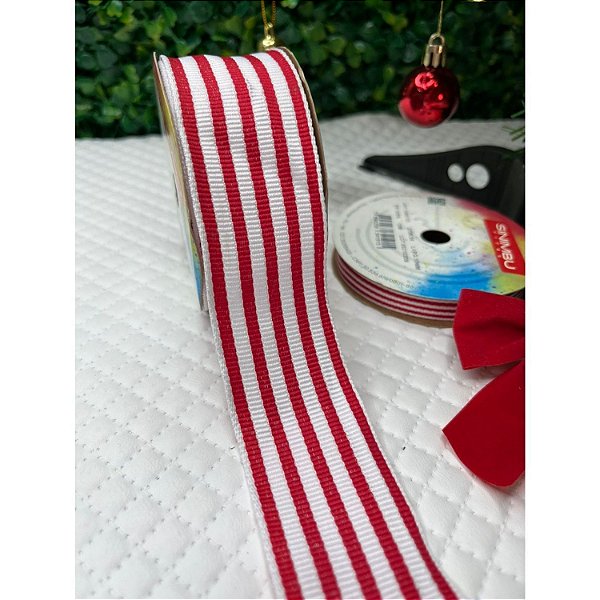 Coleção Natal: Fita Sinimbu Branco com Vermelho Listrado 38mm - Metro