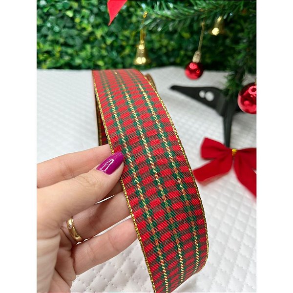Coleção Natal: Fita Sinimbu Xadrez Verde com Vermelho 38mm - Metro