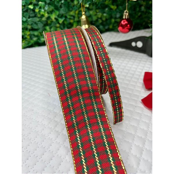 Coleção Natal: KIT Fita Sinimbu Xadrez Verde com Vermelho 38mm + 10mm - 2 metros cada