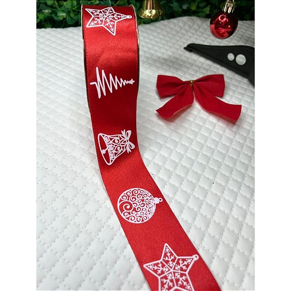 Coleção Natal: Fita Sinimbu Cetim Vermelho com Estampa 38mm - Metro