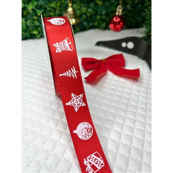 Coleção Natal: Fita Sinimbu Cetim Vermelho com Estampa 22mm - Metro