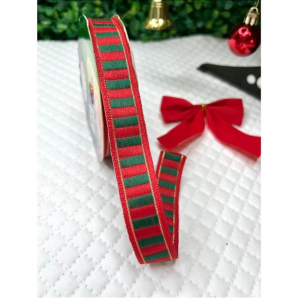 Coleção Natal: Fita Sinimbu Vermelho com Listra Verde 16mm Aramada - Metro