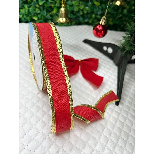 Coleção Natal: Fita Sinimbu Vermelho com Borda Dourada 22mm Aramada - Metro