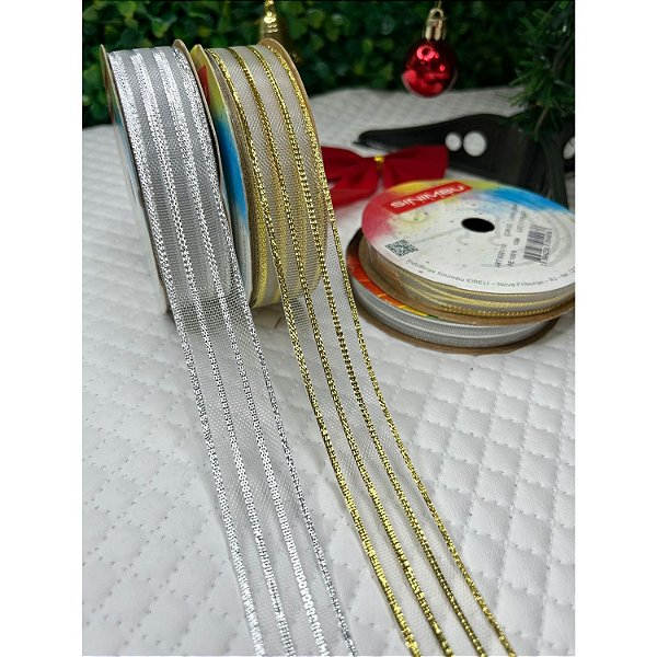 Coleção Natal: Fita Sinimbu Organza Branco com Listras 22mm - Metro dourado